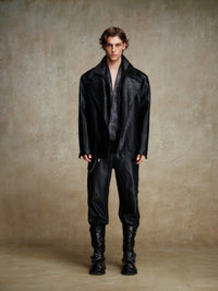 ordúdíordú | Jacket - Double-layered Collar Black Leather Jacket