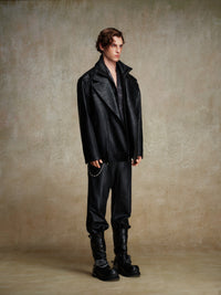 ordúdíordú | Jacket - Double-layered Collar Black Leather Jacket