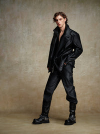 ordúdíordú | Jacket - Double-layered Collar Black Leather Jacket