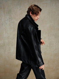 ordúdíordú | Jacket - Double-layered Collar Black Leather Jacket