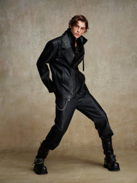 ordúdíordú | Jacket - Double-layered Collar Black Leather Jacket