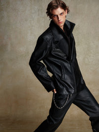 ordúdíordú | Jacket - Double-layered Collar Black Leather Jacket