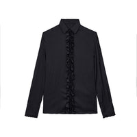 ordúdíordú | Shirt - Elegant Black Shirt with Floral Pleats on Front Flap and Cuff