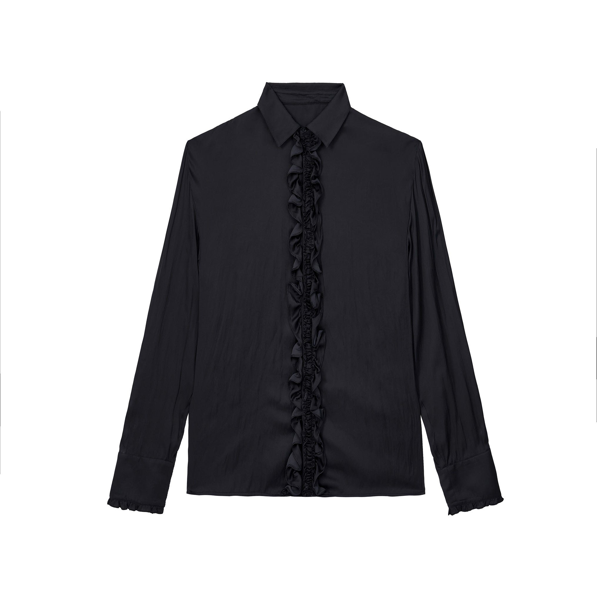 ordúdíordú | Shirt - Elegant Black Shirt with Floral Pleats on Front Flap and Cuff