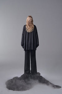 ordúdíordú | Shirt - Elegant Black Shirt with Floral Pleats on Front Flap and Cuff