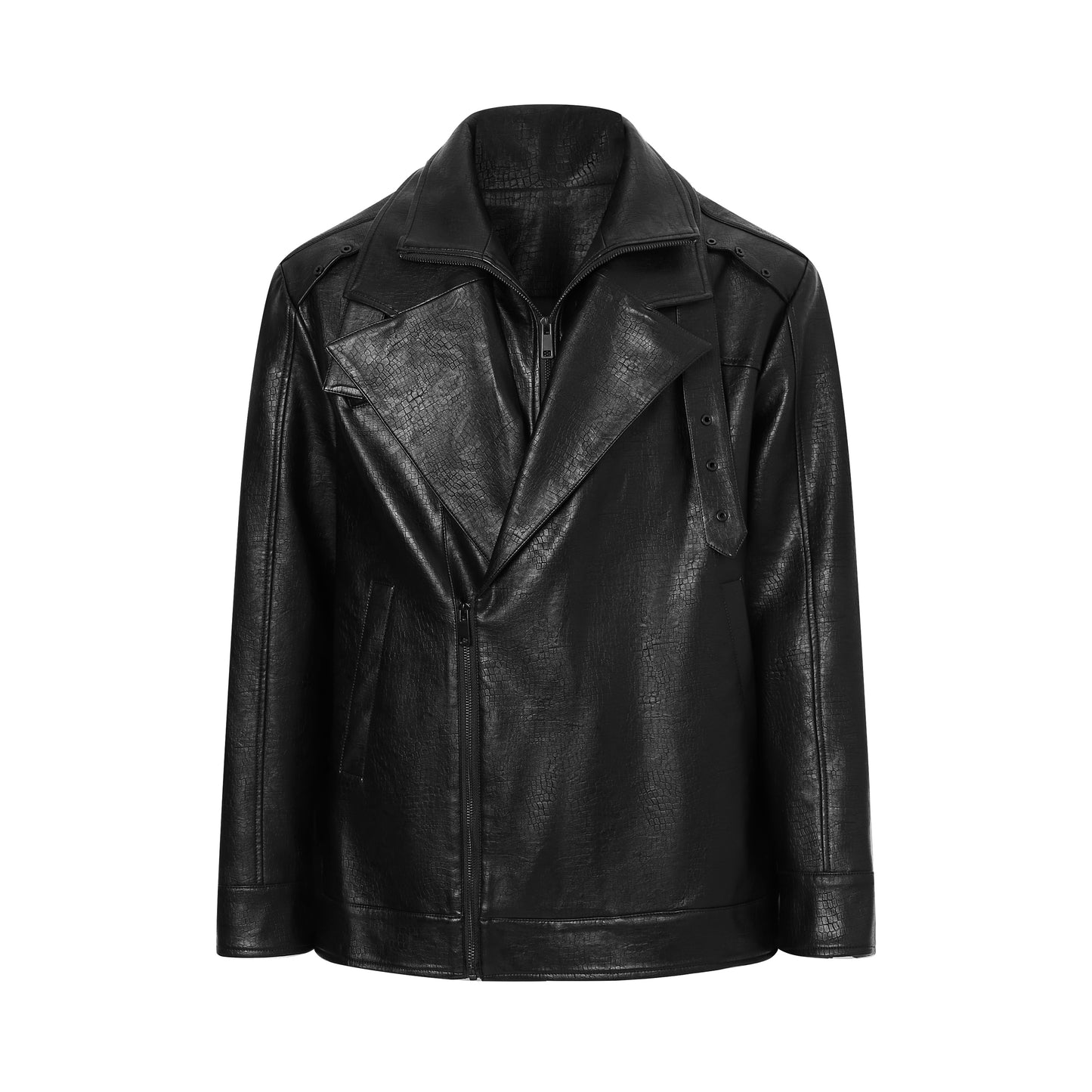 ordúdíordú | Jacket - Double-layered Collar Black Leather Jacket
