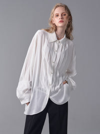 ordúdíordú | Shirt - Vertical Pleated Layer Front Piece White Shirt